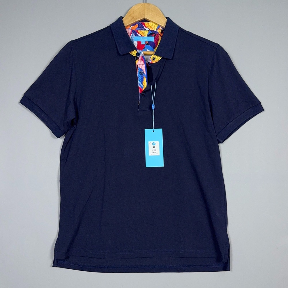 Perruzo Short Sleeve Polo Shirt Mens Size Medium Floral Trim Navy Blue‎